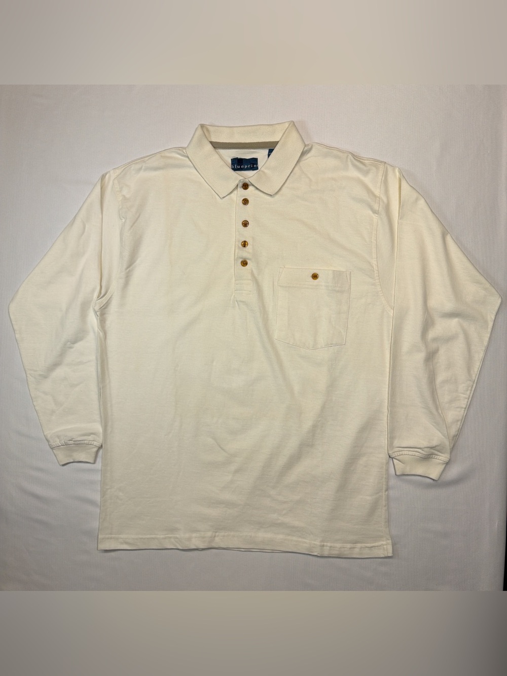 Vintage Men's blueprint Long Sleeve Polo Shirt in Cream with Chest Pocket Size L